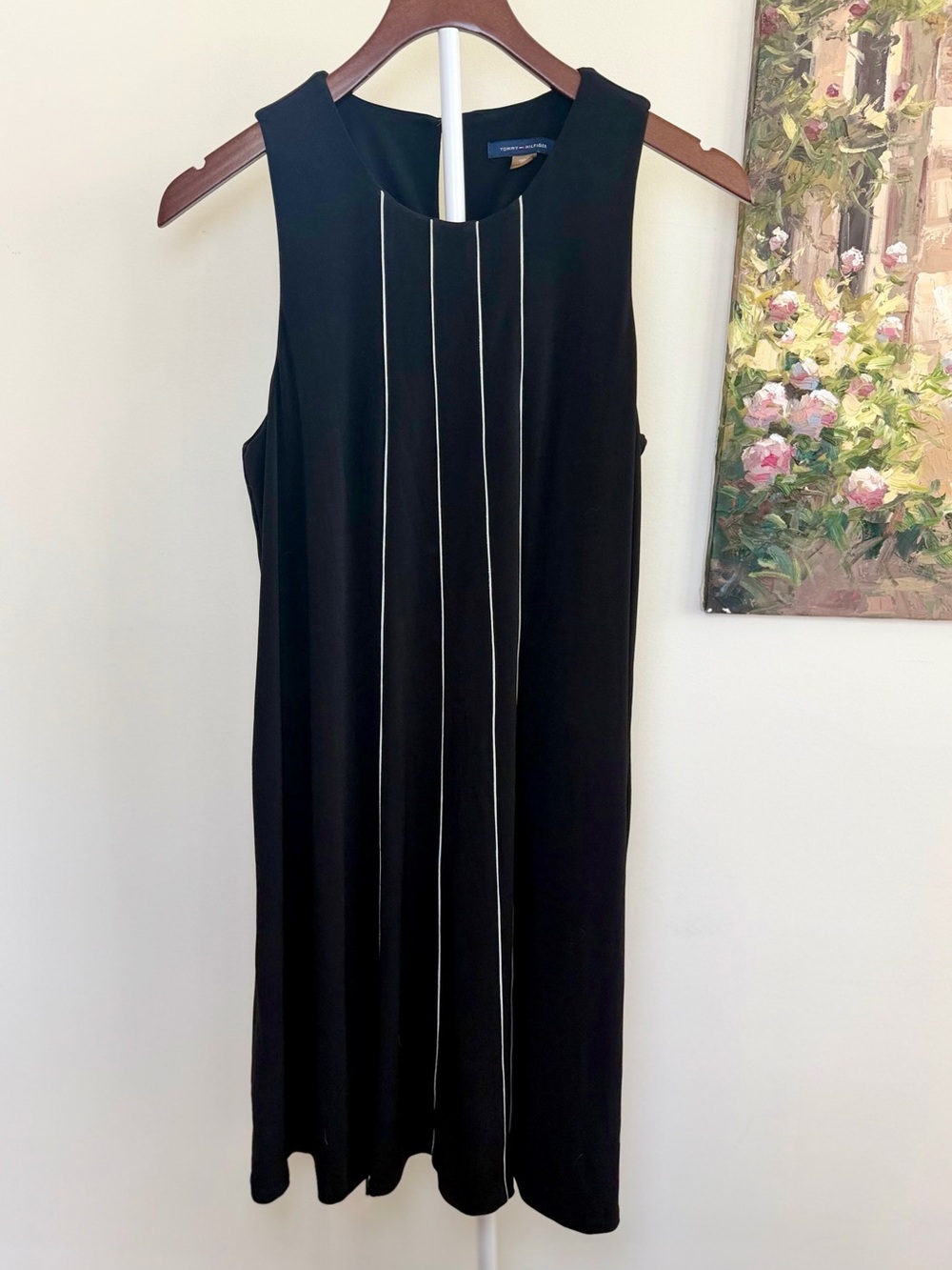 Tommy Hilfiger Black Sleeveless Stretch Shift Dress White Piping Size 8